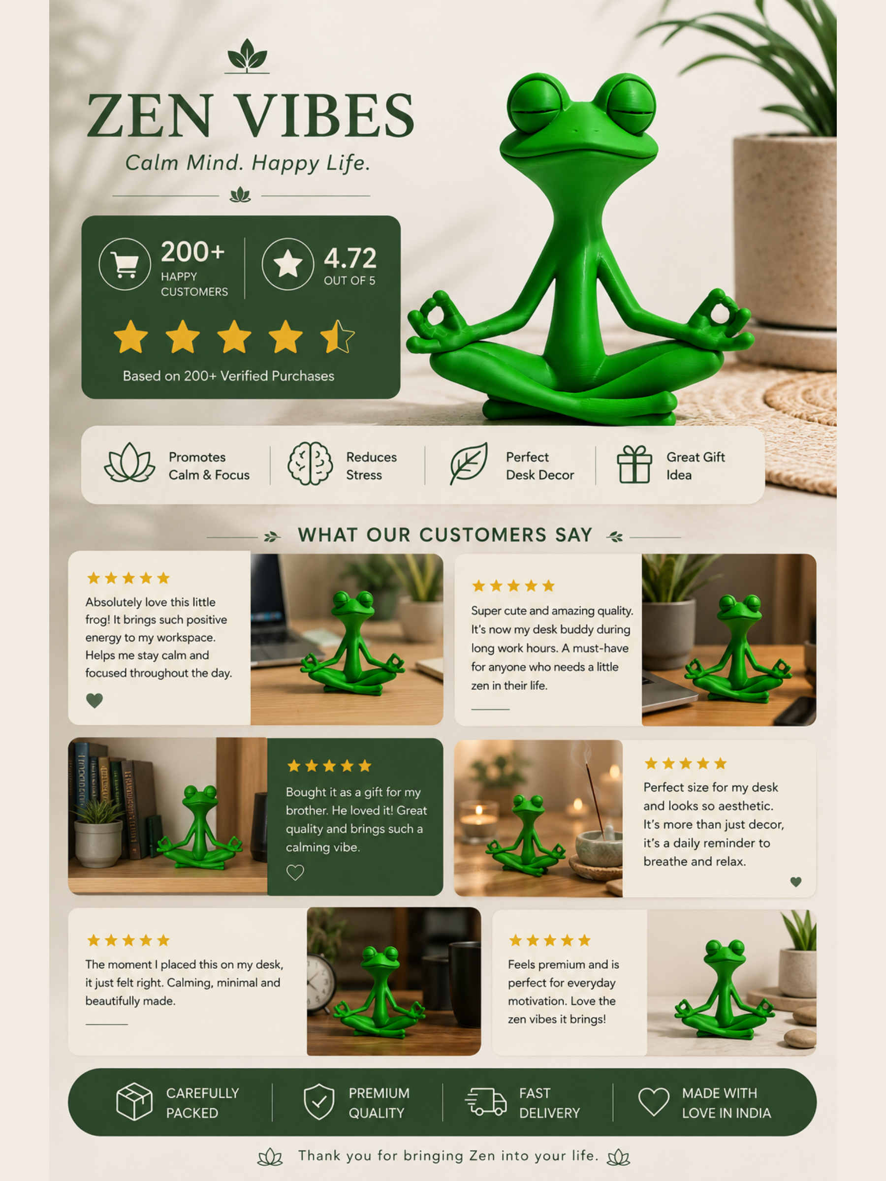 Zen Vibe Meditation Frog Statue | Cute Yoga Frog Desk Decor | Relaxing Home & Office Decoration | Mindfulness Gift | DesiDecors
