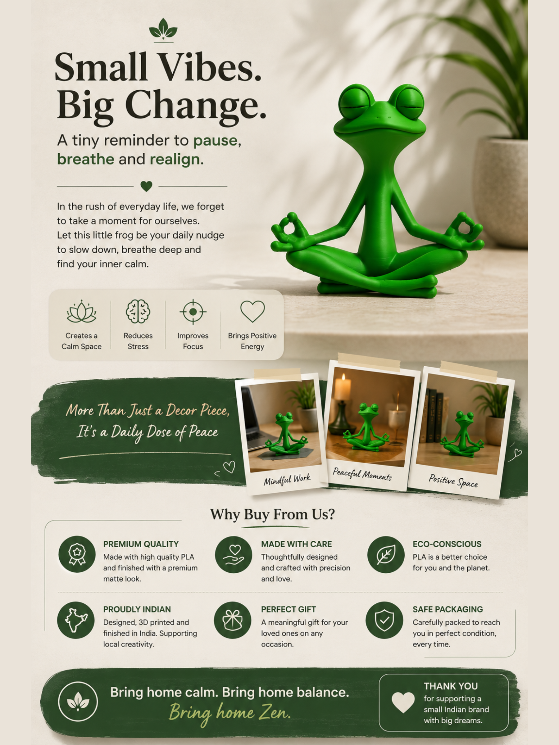 Zen Vibe Meditation Frog Statue | Cute Yoga Frog Desk Decor | Relaxing Home & Office Decoration | Mindfulness Gift | DesiDecors