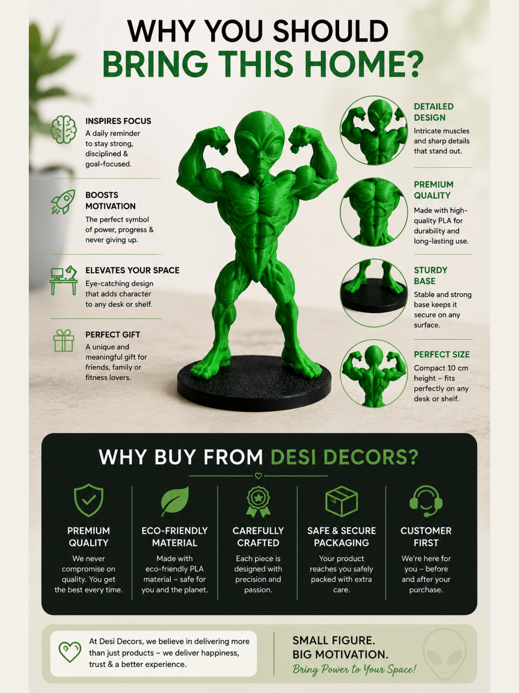 Alien Bodybuilder Statue | Gym Motivation Desk Decor | Fitness Room Figurine | Bodybuilding Gift | Home & Office Decor | DesiDecors