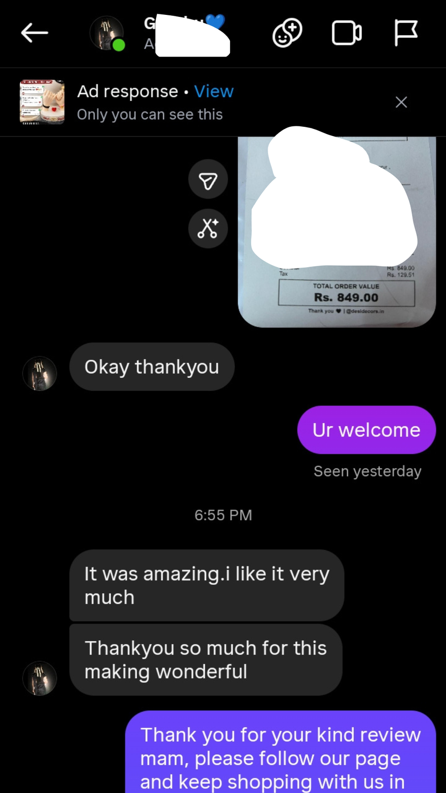 Customer feedback screenshot