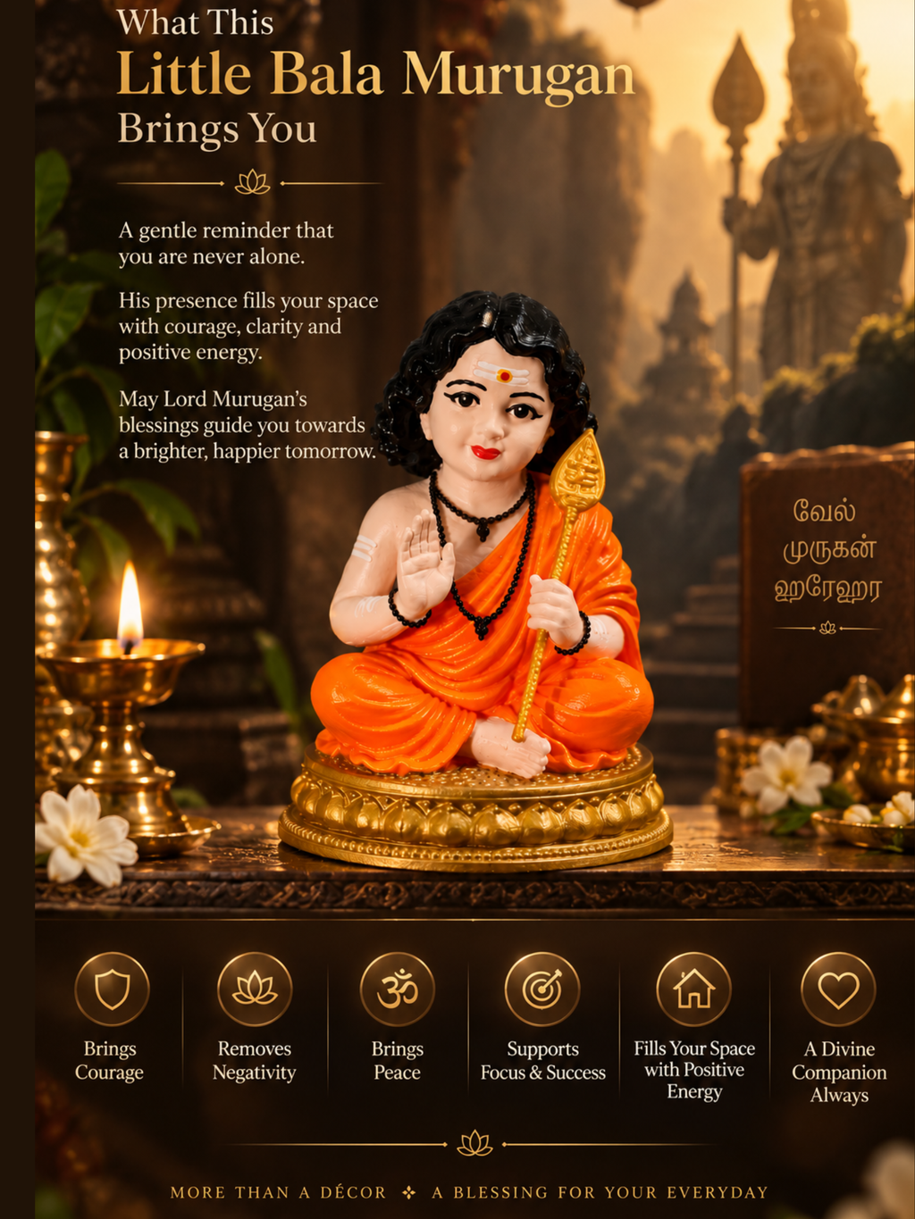 Bala Murugan Idol with Vel | Lord Murugan Statue for Pooja & Spiritual Decor