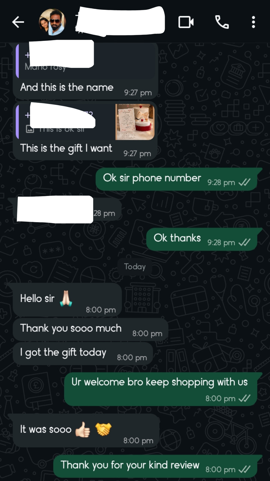 Customer feedback screenshot