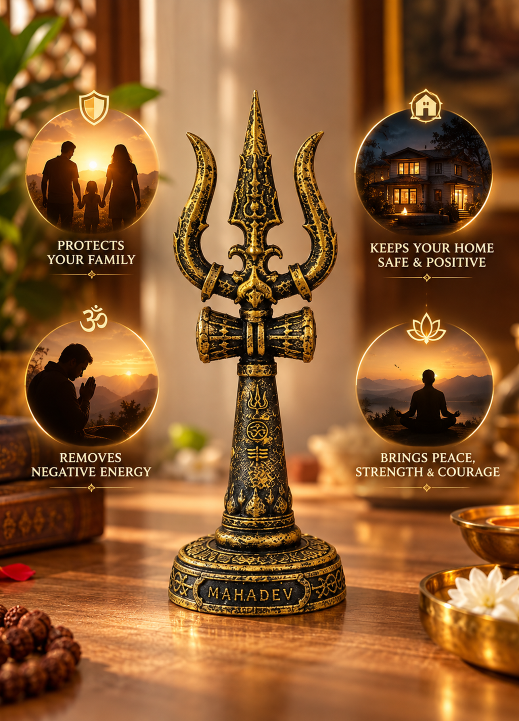 Mahadev Trishool | Antique Black & Gold Shiva Trishul for Home