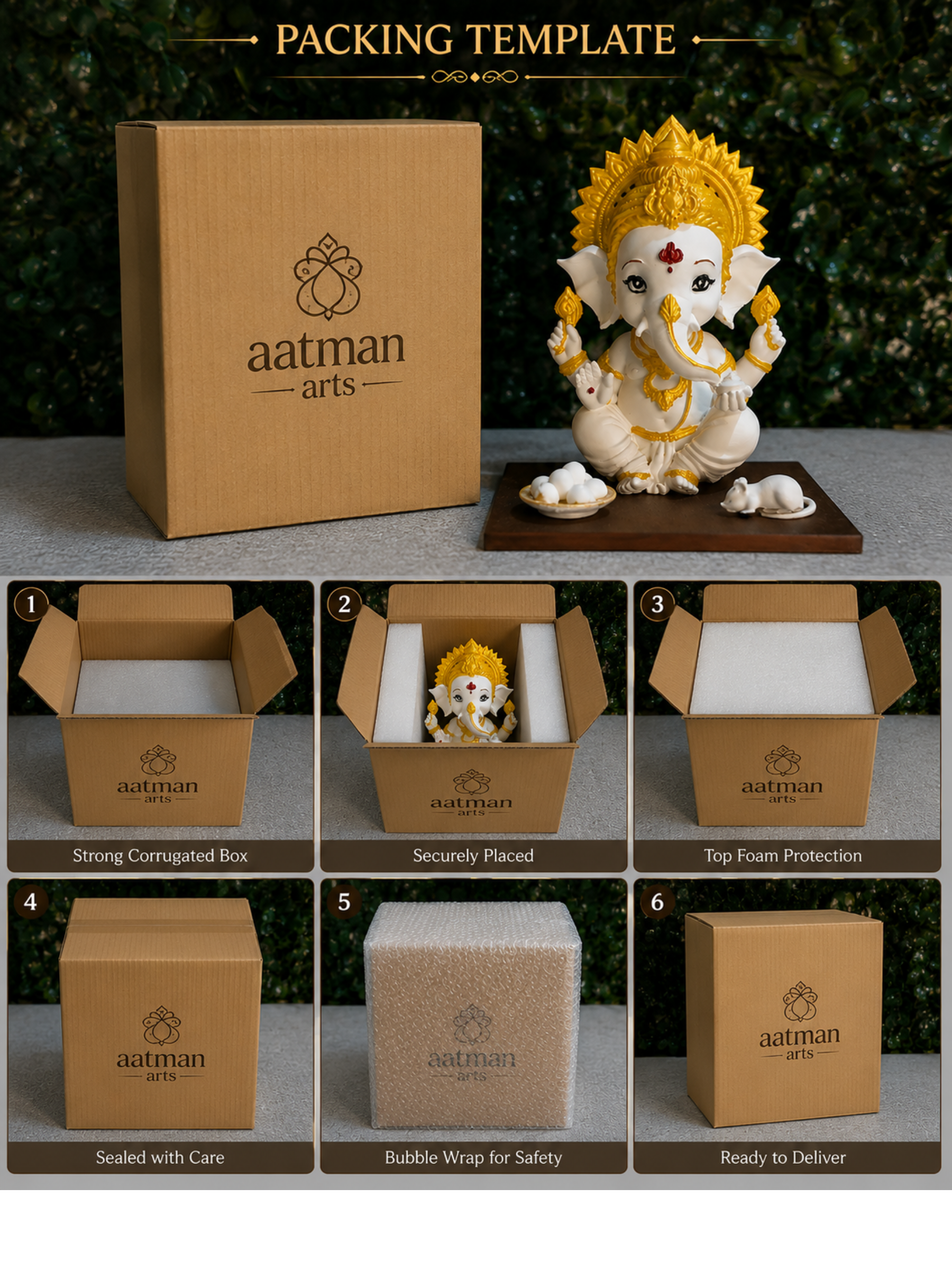 Premium Ganesha Idol for Home & Pooja Room | White & Gold Ganesh Murti | 12 cm | Aatman Arts