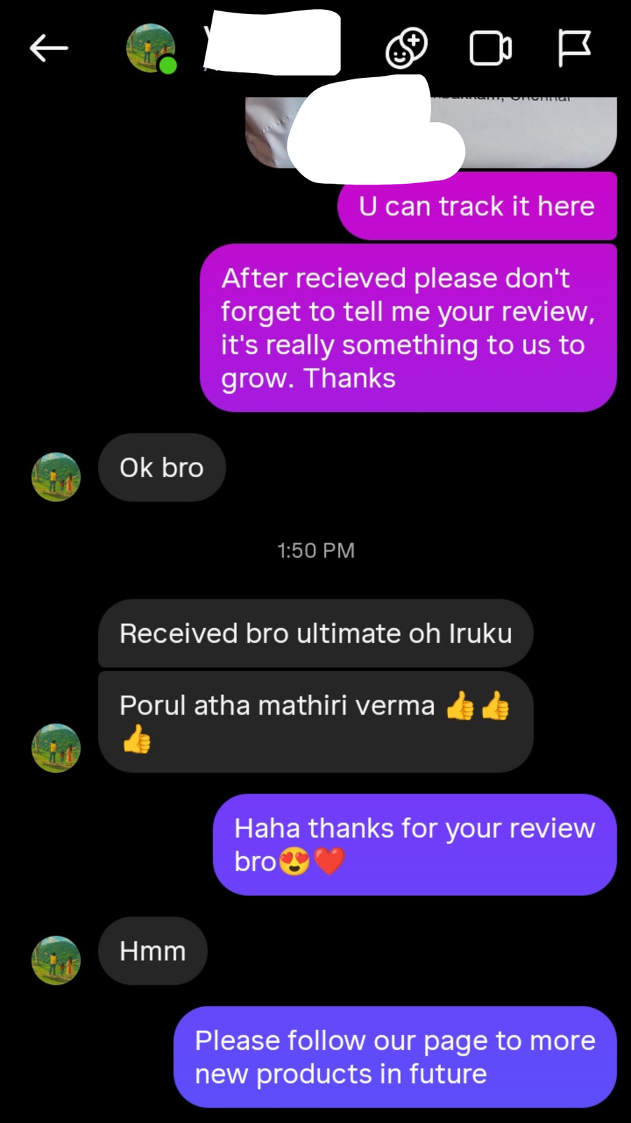 Customer feedback screenshot