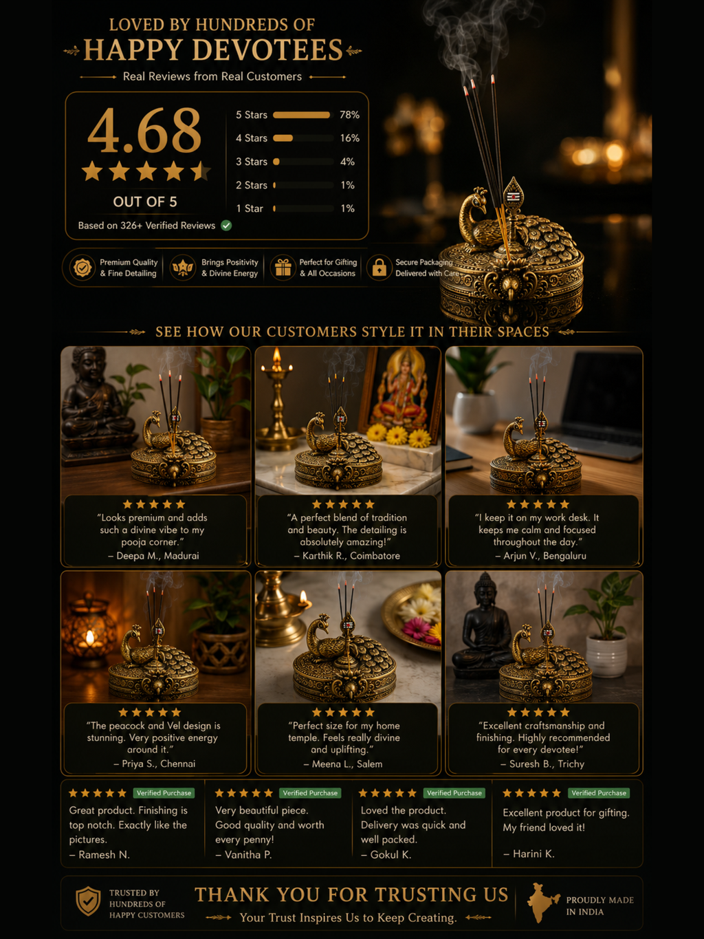 Lord Murugan Vel Incense Holder | Peacock Agarbatti Stand for Pooja Room | Premium Spiritual Home Decor | Skanda, Karthikeya & Subramanya Devotional Gift | DesiDecors