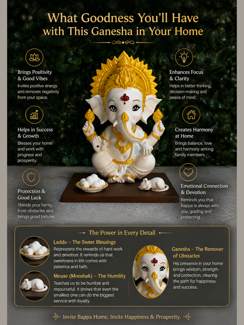 Premium Ganesha Idol for Home & Pooja Room | White & Gold Ganesh Murti | 12 cm | Aatman Arts