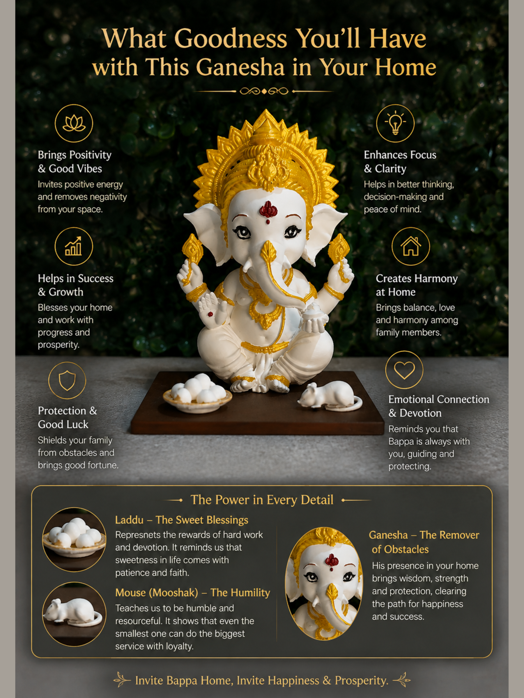 Premium Ganesha Idol for Home & Pooja Room | White & Gold Ganesh Murti | 12 cm | Aatman Arts
