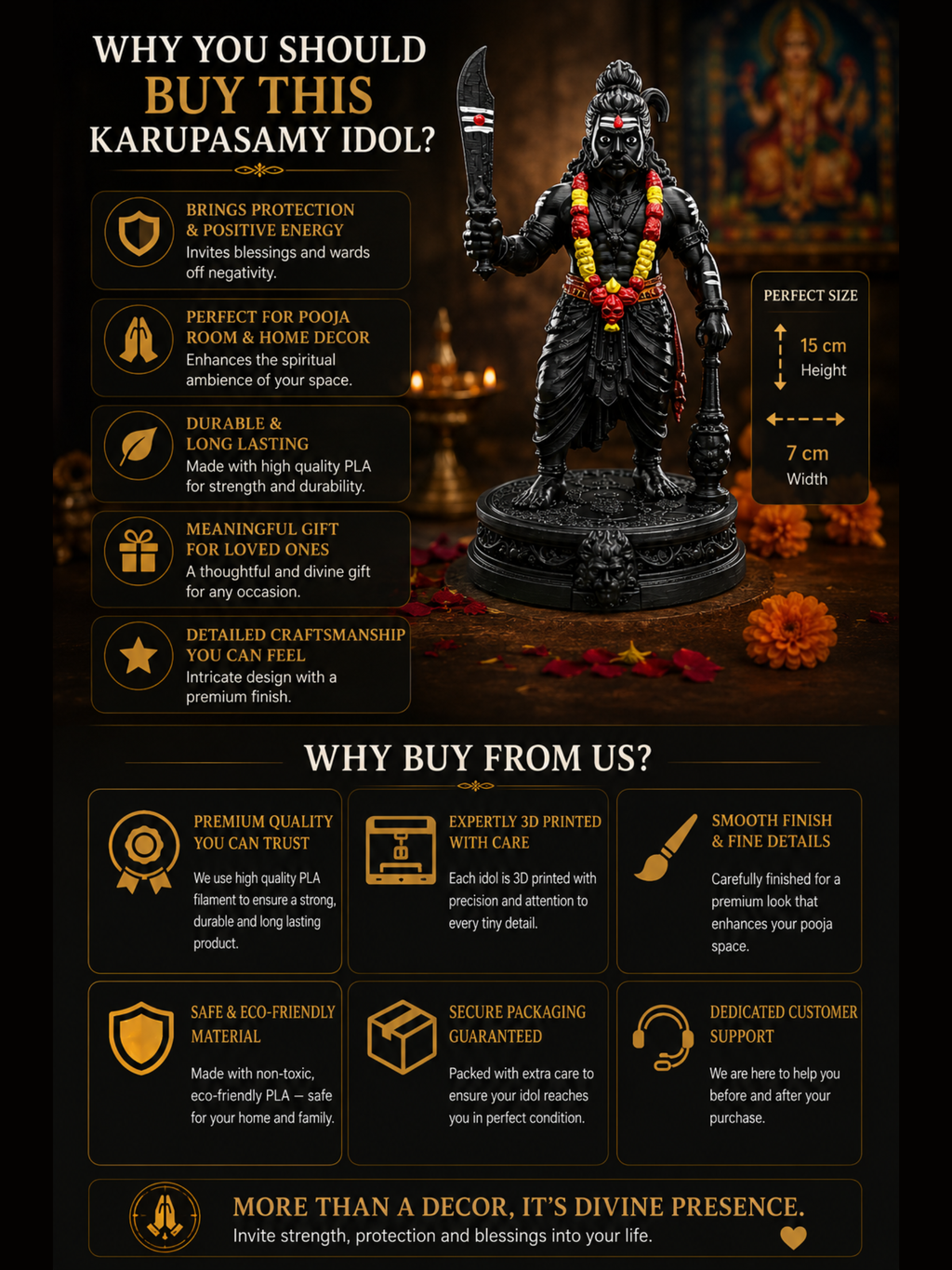 Karuppasamy Statue | Authentic Tamil Guardian Deity Idol | Premium Karuppu Sami Vigraham for Home, Office & Pooja Room | DesiDecors