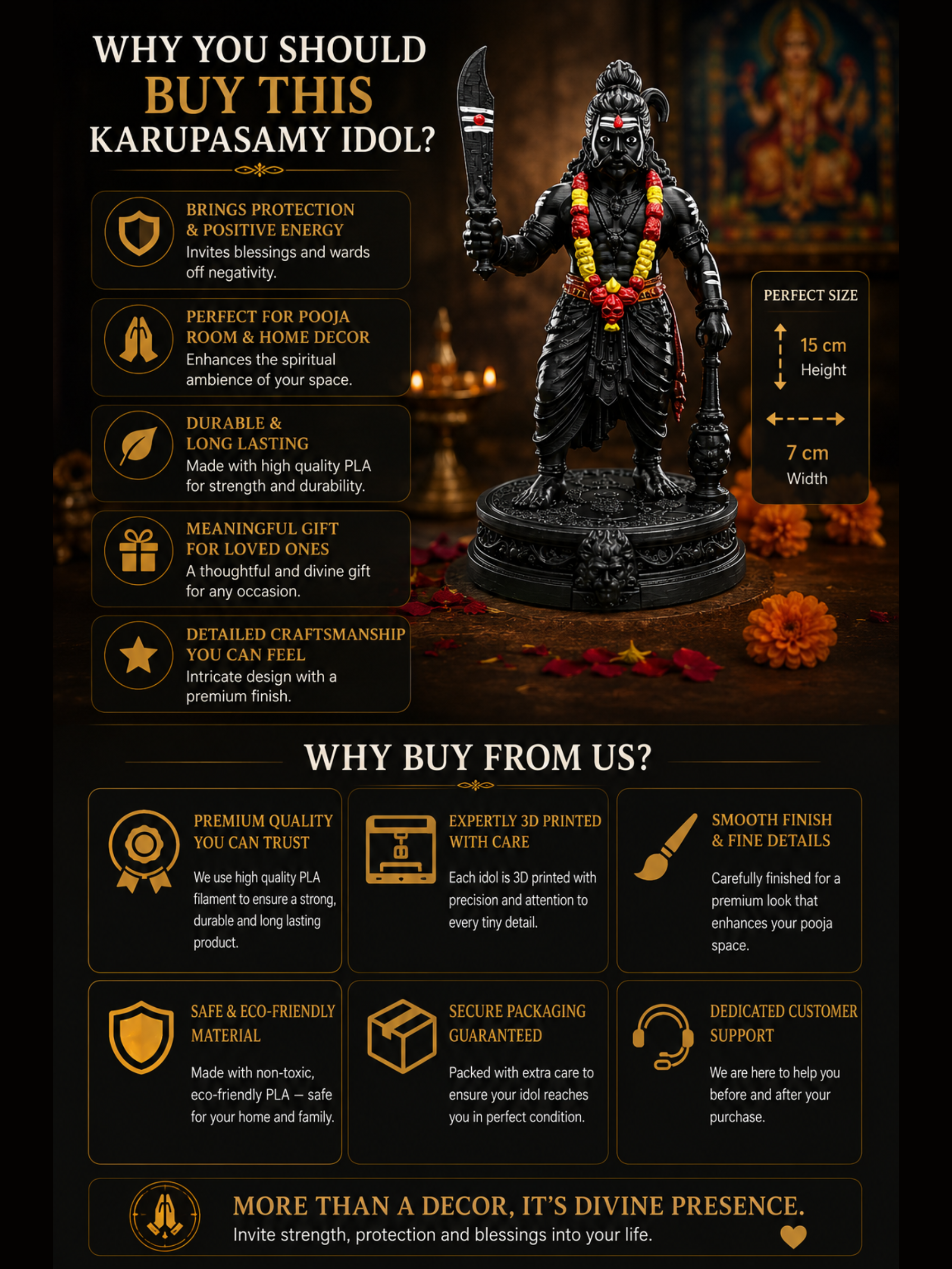 Karuppasamy Statue | Authentic Tamil Guardian Deity Idol | Premium Karuppu Sami Vigraham for Home, Office & Pooja Room | DesiDecors