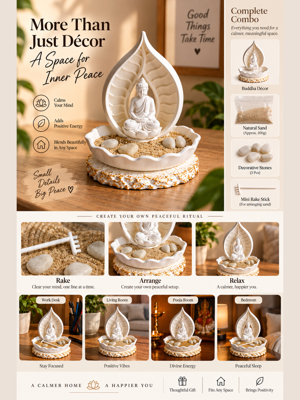 Buddha Zen Garden with Sand & Rake | Mini Meditation Garden Decor
