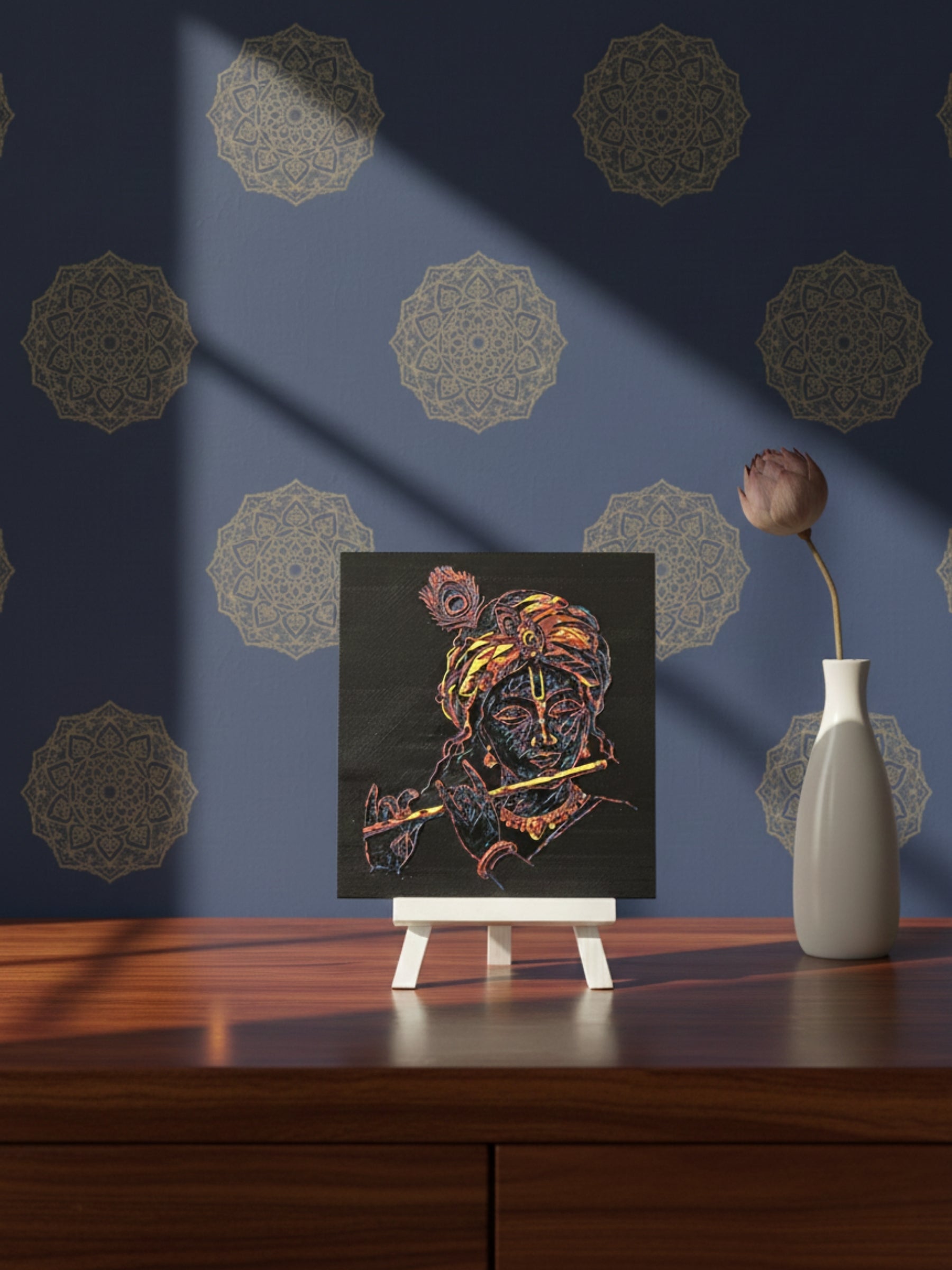 Divine decor frame with sacred illustration for calm workspace ambiance