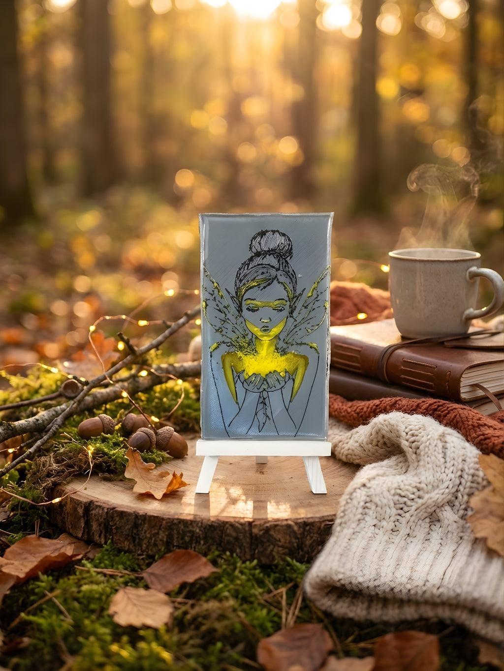 Inner glow art frame displayed in cozy workspace