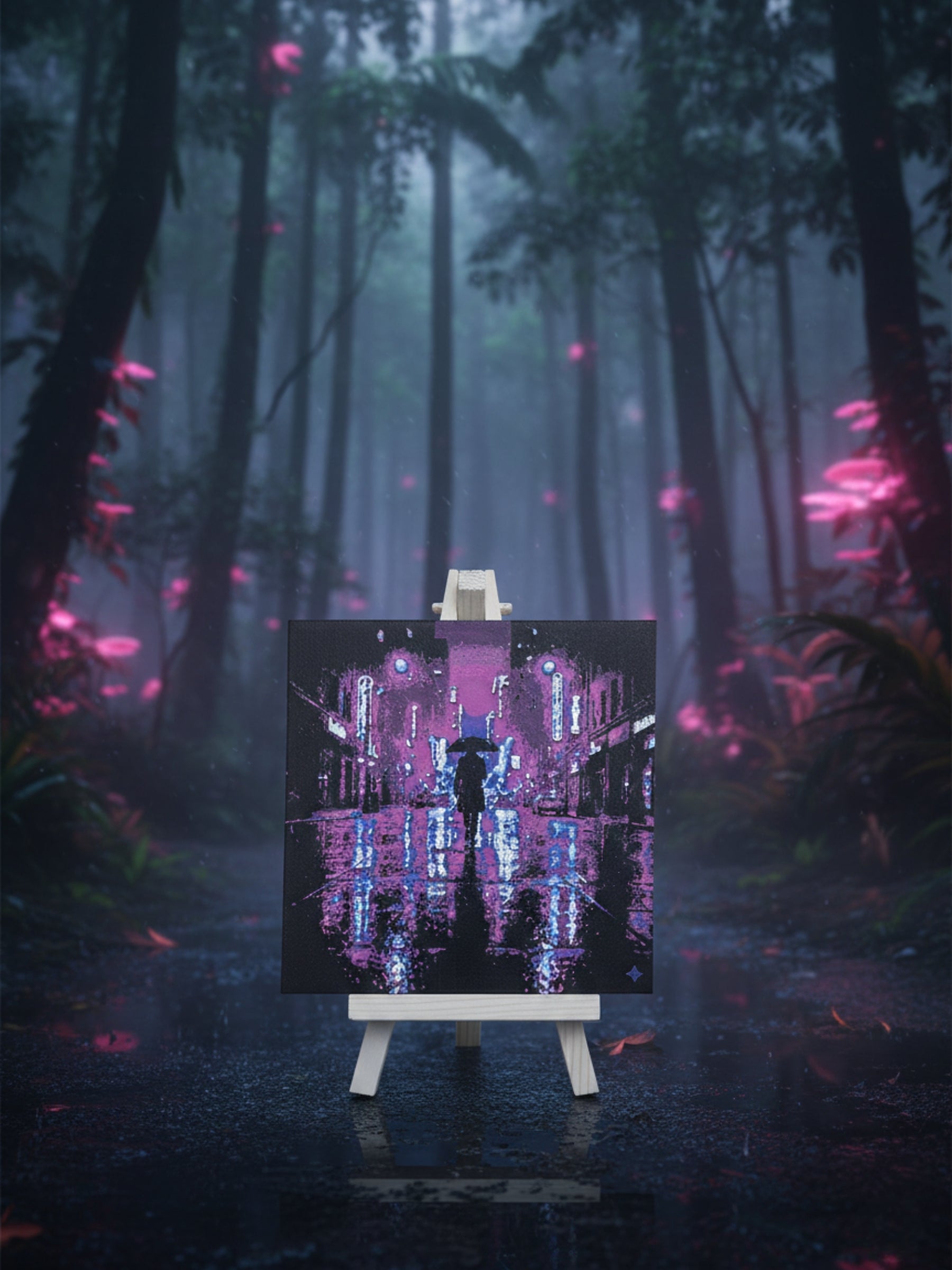 Neon rain city art desktop decor frame on stand