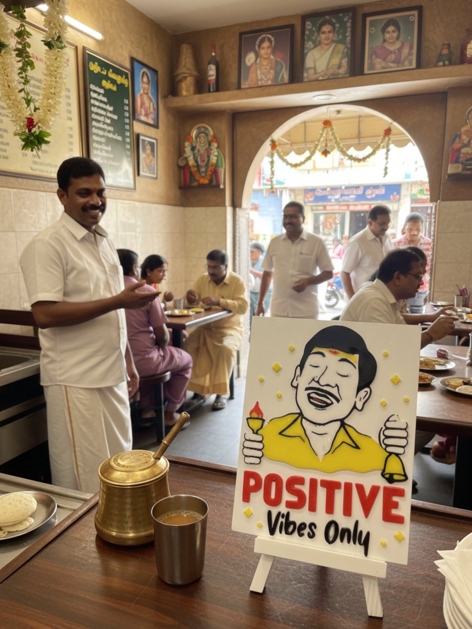 Desi positive vibes desktop frame with cheerful illustration